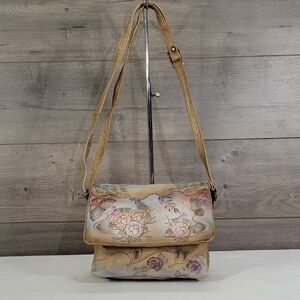 Anuschka Floral Beige Leather Crossbody Bag